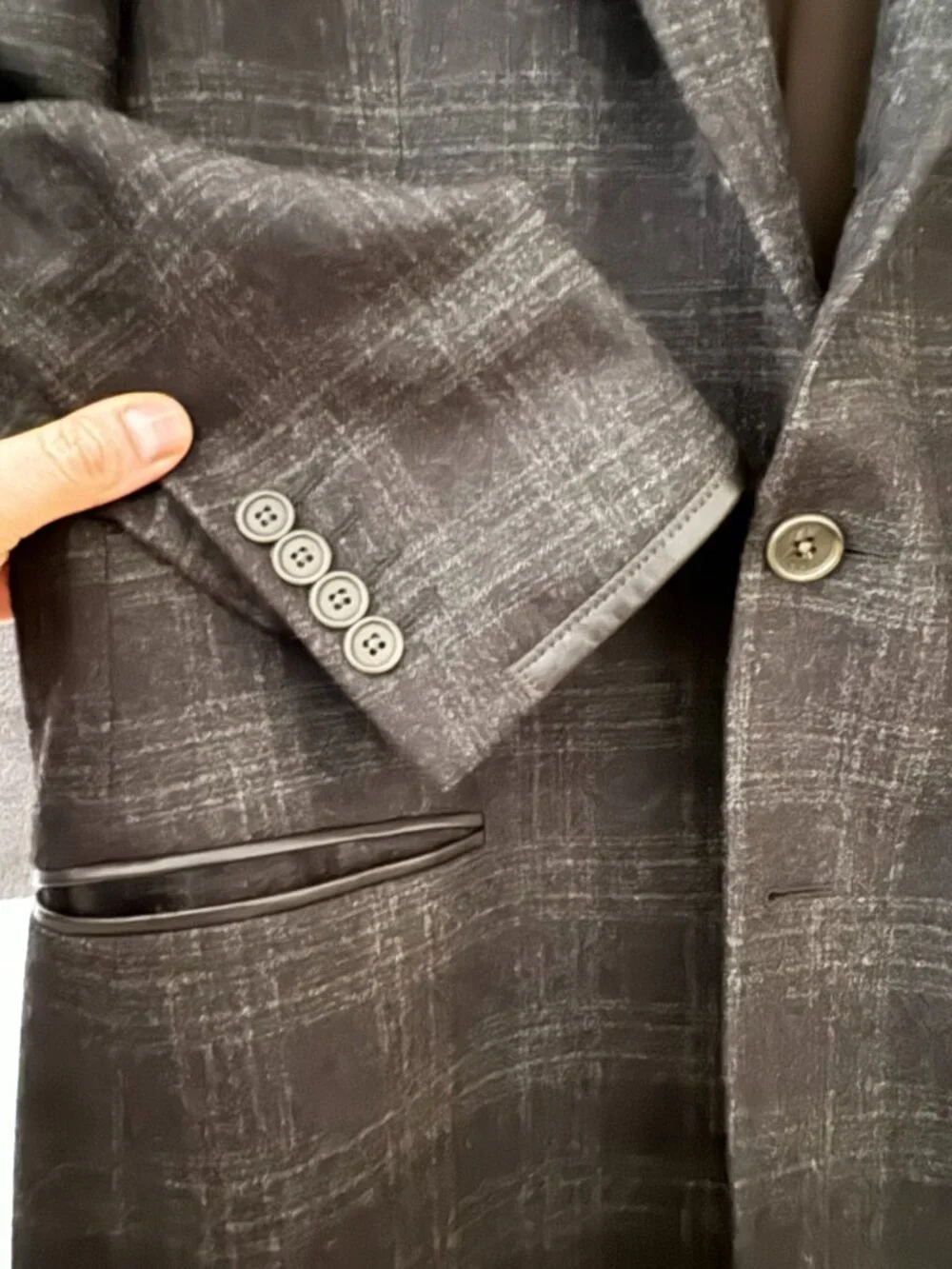 John Varvatos Wool Cashmere Glen Plaid Blazer with Leather Trim – Men's 38R (EU